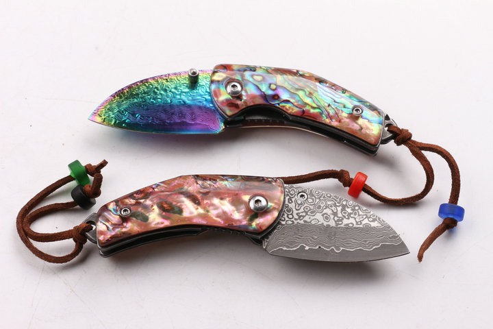 Damascus Waistline two types folding pocket knife with Natural Abalone handle UD403438